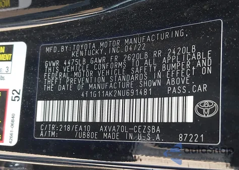 2022 Toyota Camry Se из США, поврежденный, VIN 4T1G11AK2NU691481